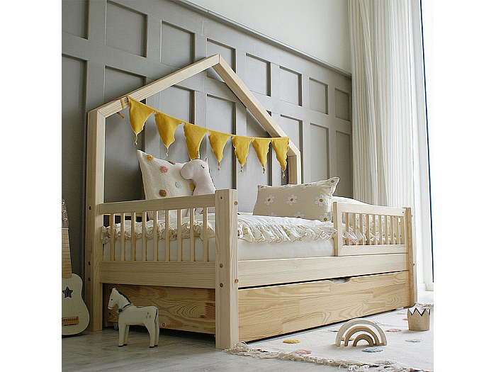 Lit cabane 90x190 barrière sommier et tiroir inclus Manon Bois