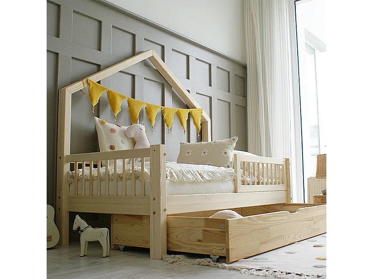 Lit cabane 90x190 barrière sommier et tiroir inclus Manon Bois