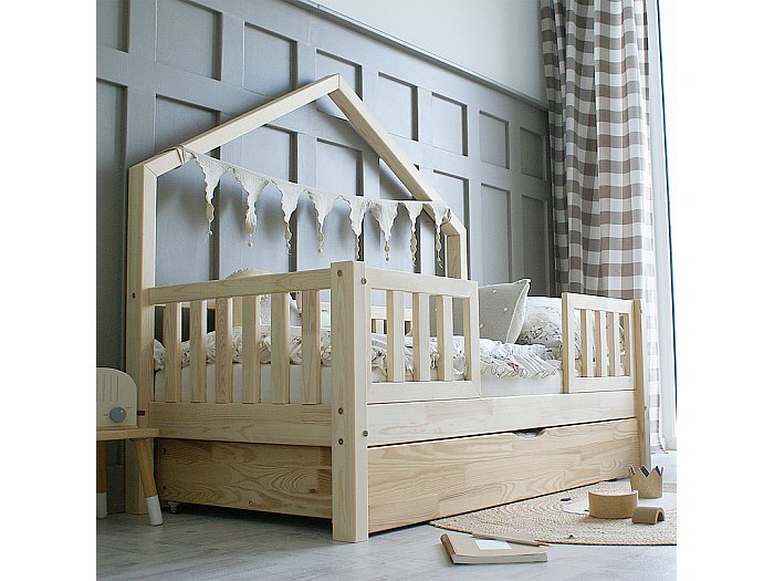 Lit cabane 90x190 barrières sommier et tiroir inclus Léonie Bois