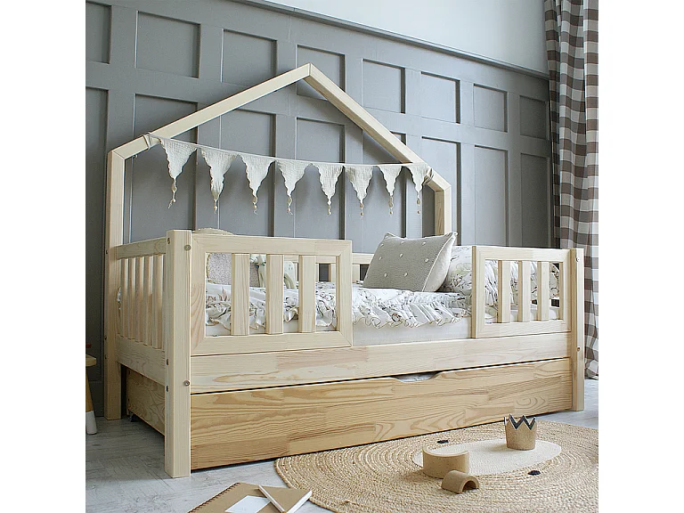 Cama cabaña 90x190 con barandilla somier y cajón Léonie Madera