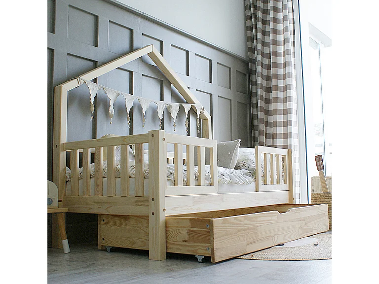 Cama cabaña 90x190 con barandilla somier y cajón Léonie Madera