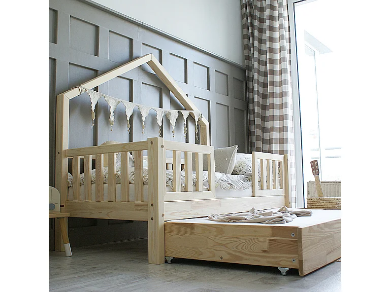 Cama cabaña 90x190 con barandilla somier y cajón Léonie Madera