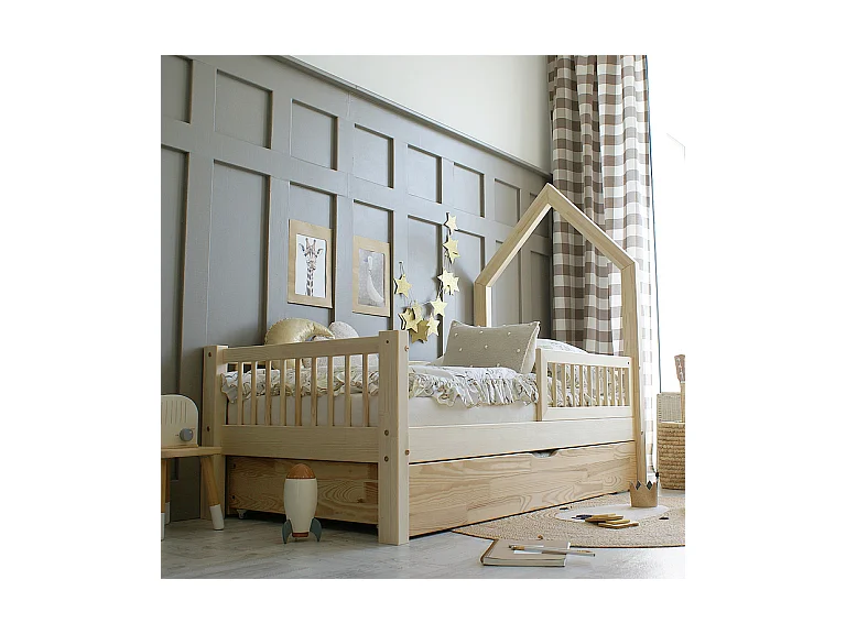 Lit cabane 90x190 barrière sommier et tiroir inclus Nina Bois
