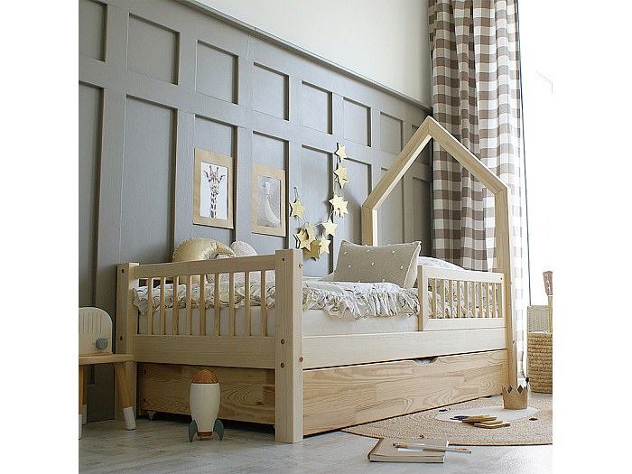 Lit cabane 90x190 barrière sommier et tiroir inclus Nina Bois
