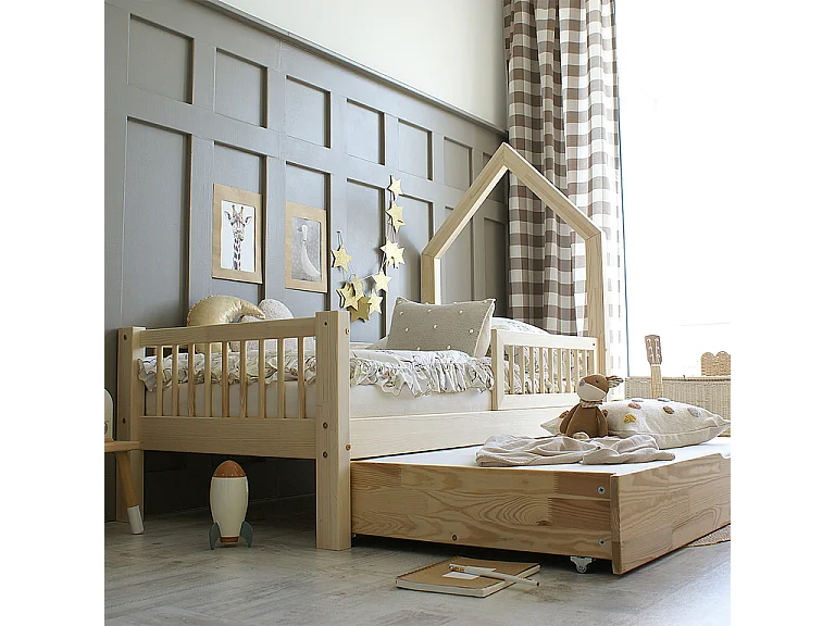 Lit cabane 90x190 barrière sommier et tiroir inclus Nina Bois