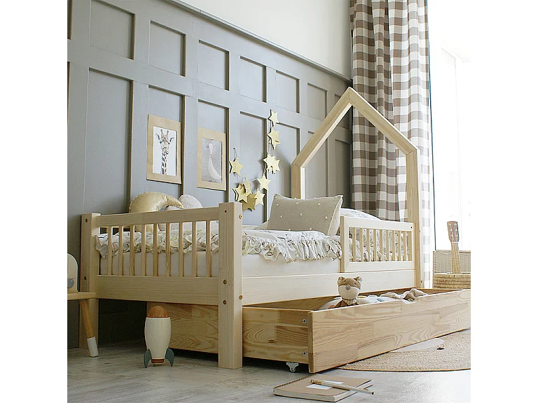 Lit cabane 90x190 barrière sommier et tiroir inclus Nina Bois