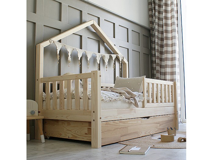 Lit cabane 90x190 barrière sommier et tiroir inclus Léonie Bois