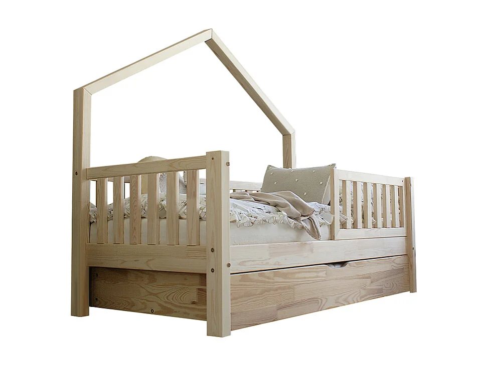 Lit cabane 90x190 barrière sommier et tiroir inclus Léonie Bois