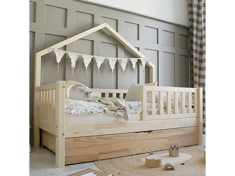 Lit cabane 90x190 barrière sommier et tiroir inclus Léonie Bois