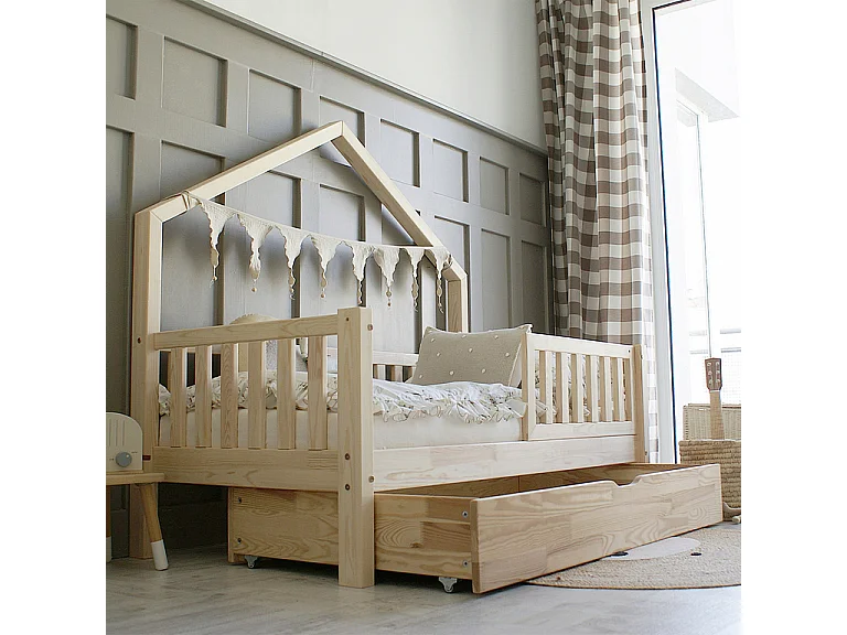 Lit cabane 90x190 barrière sommier et tiroir inclus Léonie Bois