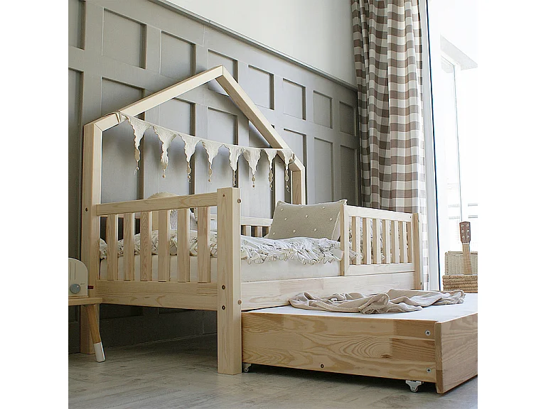 Lit cabane 90x190 barrière sommier et tiroir inclus Léonie Bois