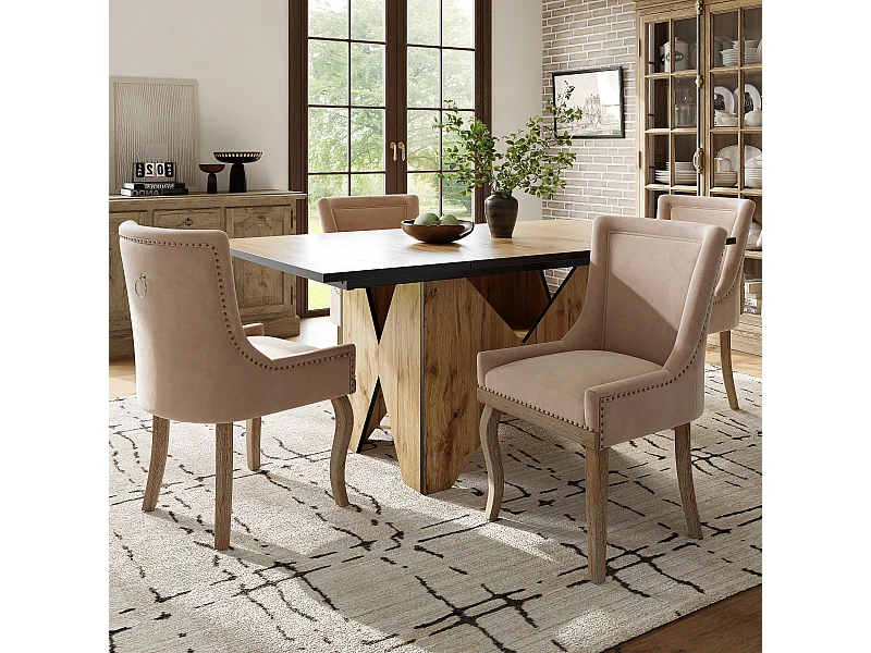 Eettafelset 138,5 x 80 x 75 cm + 4 fluwelen stoelen - MDF hout - Beige + lichtbruin