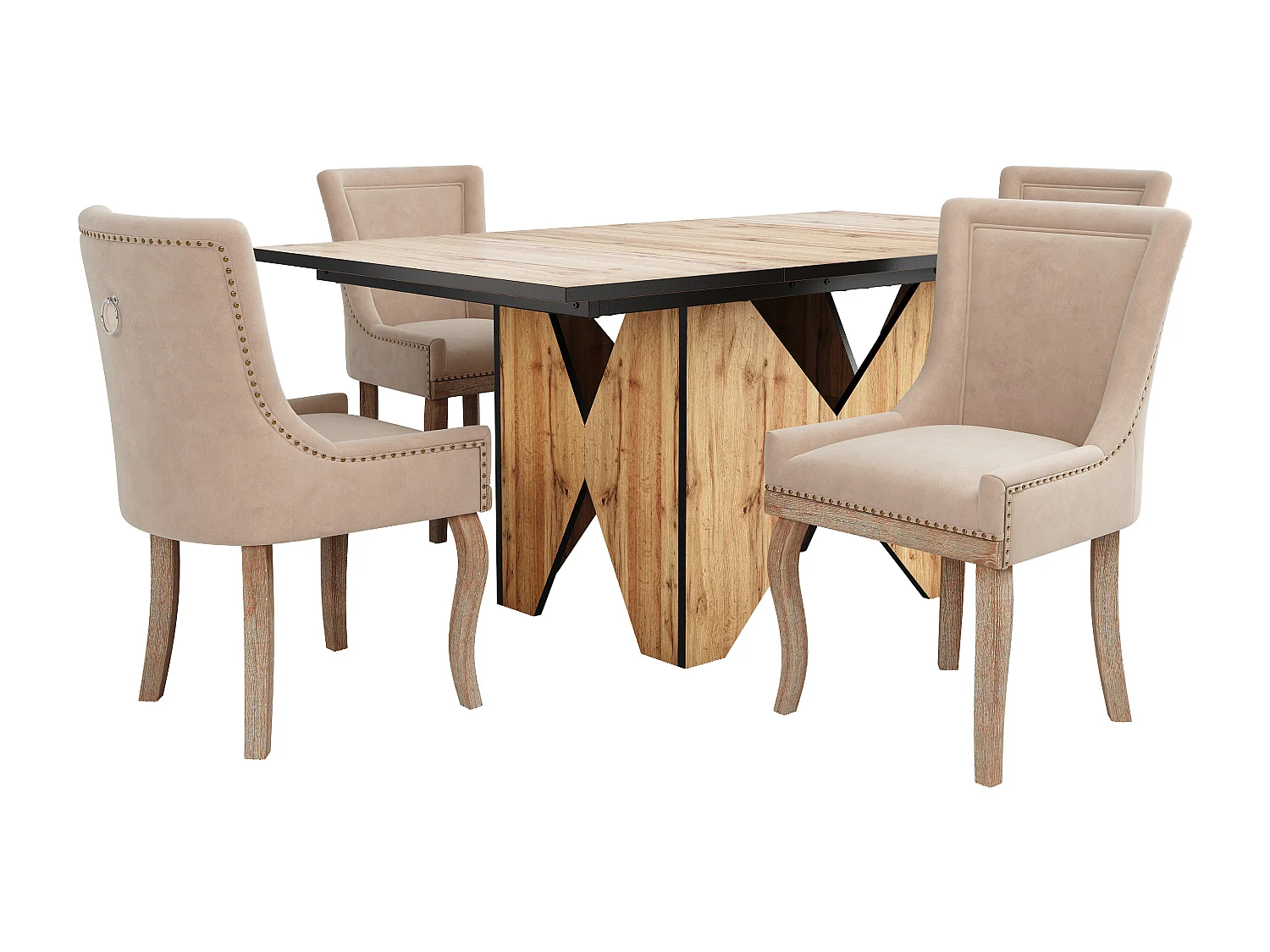 Eettafelset 138,5 x 80 x 75 cm + 4 fluwelen stoelen - MDF hout - Beige + lichtbruin