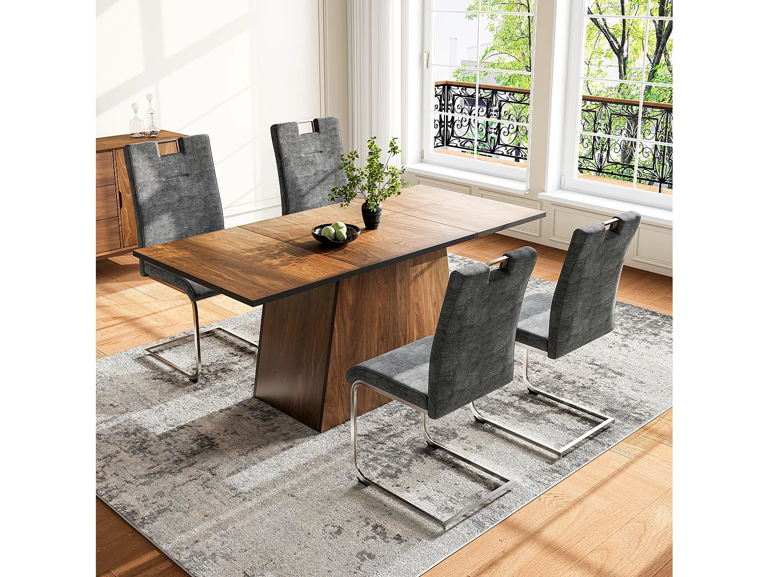 Conjunto mesa de jantar + 4 cadeiras em camurça - 138,5 x 80 x 75 cm - Madeira MDF - cinza escuro + marrom escuro