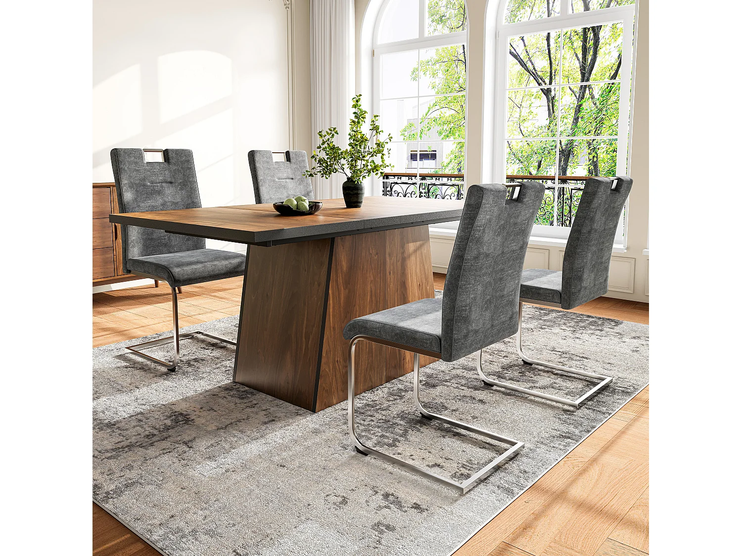 Conjunto mesa de jantar + 4 cadeiras em camurça - 138,5 x 80 x 75 cm - Madeira MDF - cinza escuro + marrom escuro