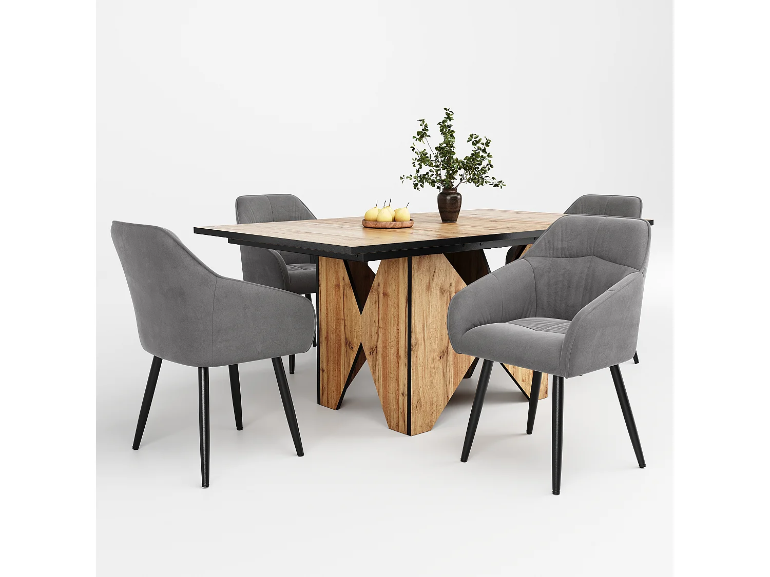 Conjunto de mesa de jantar 138,5 x 80 x 75 cm + 4 cadeiras de veludo - Madeira MDF - Cinza + marrom claro