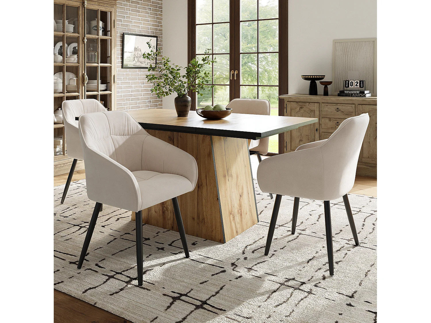 Rechthoekige eettafelset 138,5 x 80 x 75 cm + 4 fluwelen stoelen - MDF hout - Beige + lichtbruin