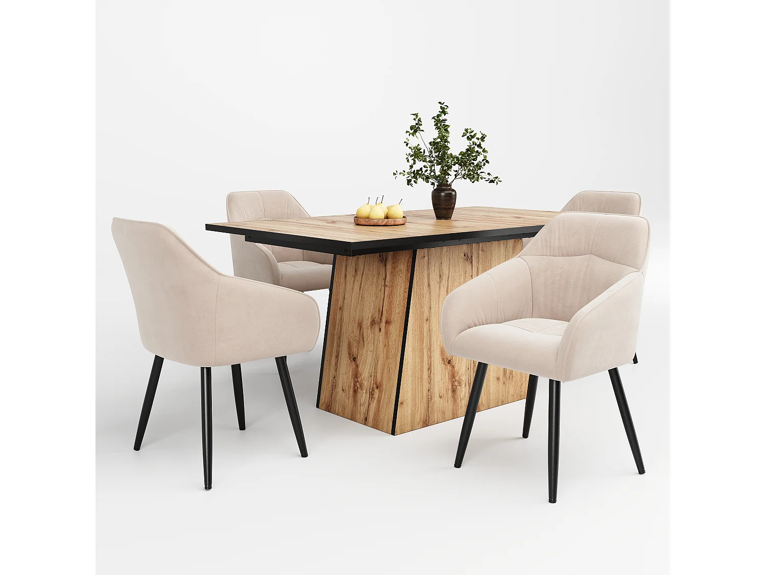 Rechthoekige eettafelset 138,5 x 80 x 75 cm + 4 fluwelen stoelen - MDF hout - Beige + lichtbruin