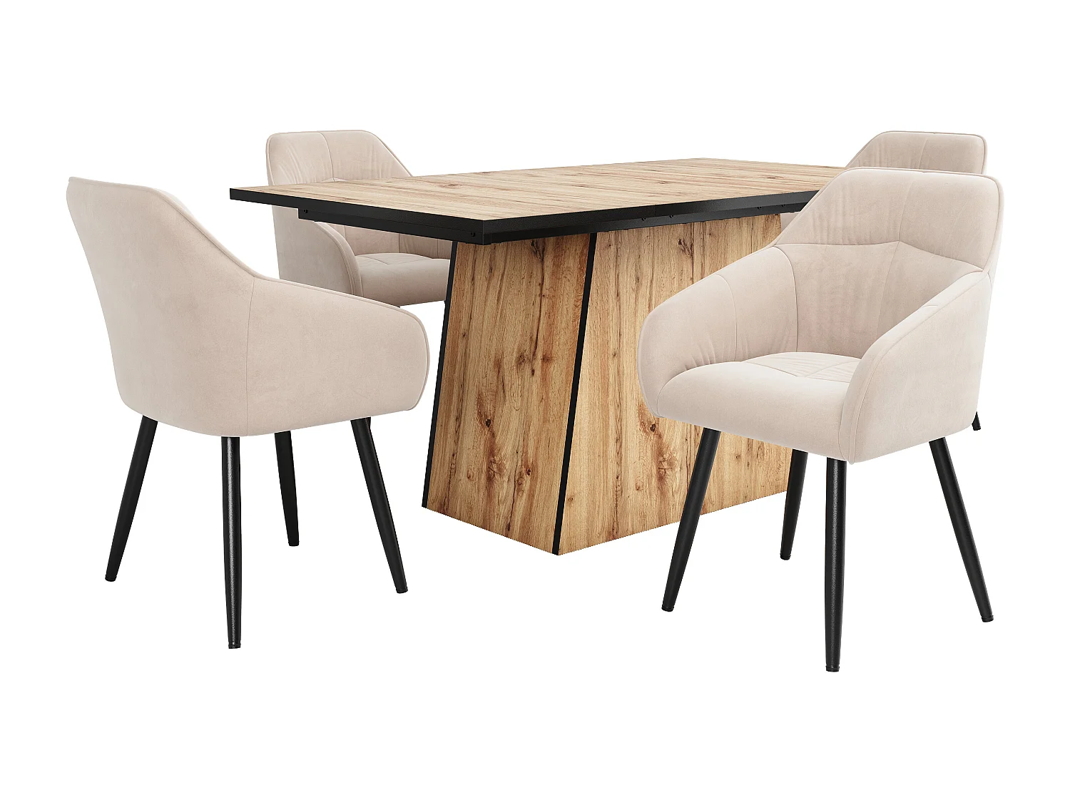 Rechthoekige eettafelset 138,5 x 80 x 75 cm + 4 fluwelen stoelen - MDF hout - Beige + lichtbruin