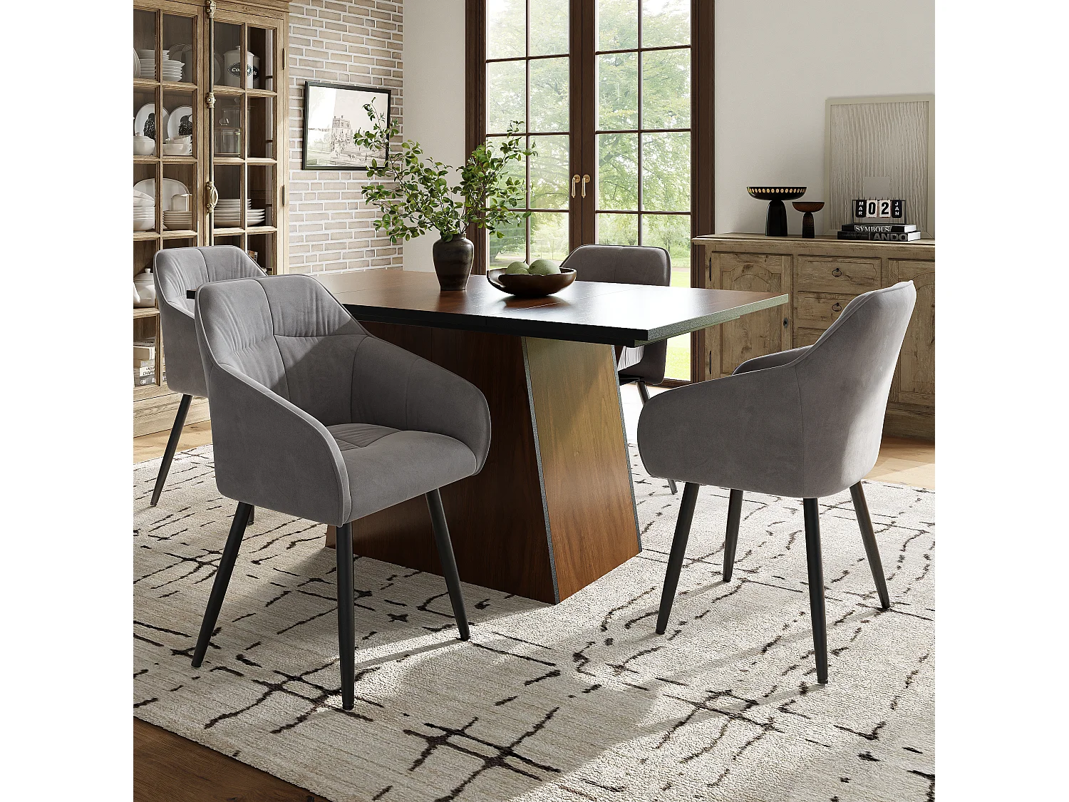 Conjunto de mesa de comedor rectangular 138,5 x 80 x 75 cm + 4 sillas de terciopelo - Madera MDF - Gris + marrón oscuro
