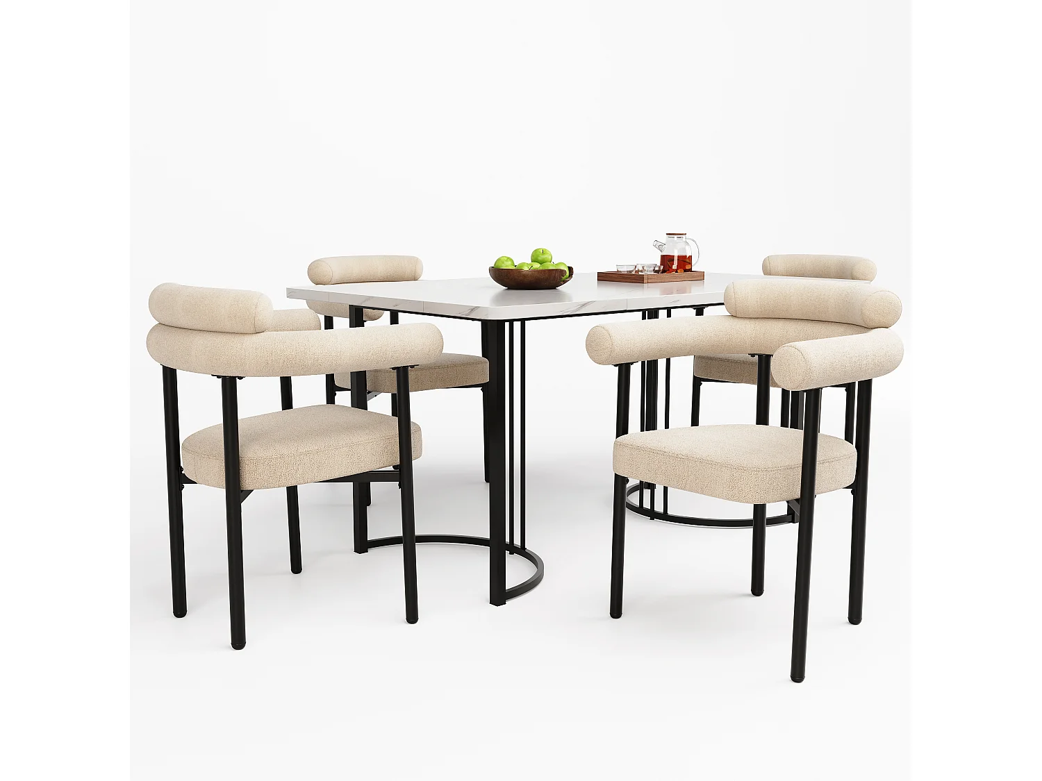 Ensemble table à manger + 4 chaises en velours - 140 x 80 x 75 cm - Bois MDF et métal - Plateau en effet marbre - Beige + blanc