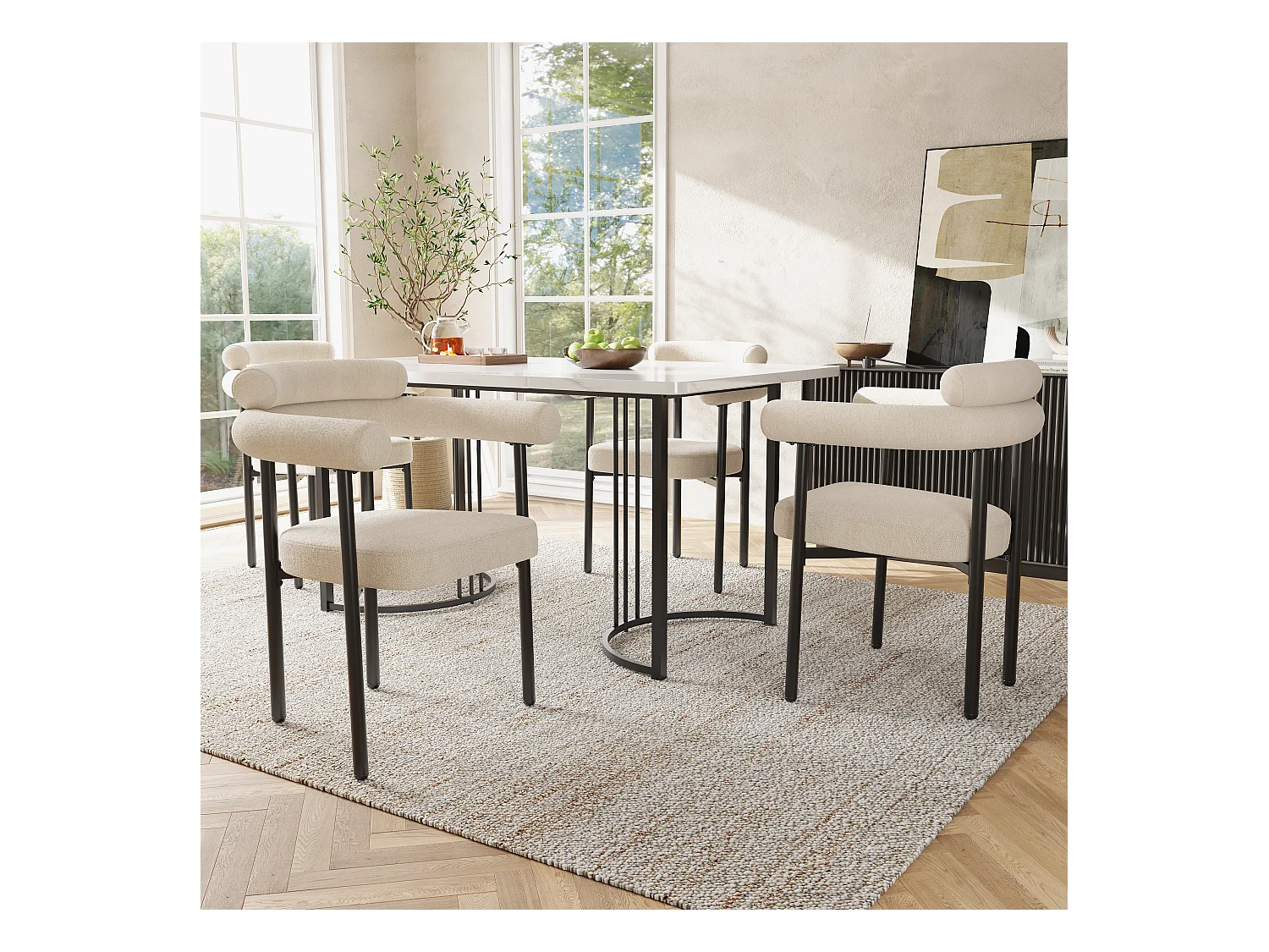 Ensemble table à manger + 4 chaises en velours - 140 x 80 x 75 cm - Bois MDF et métal - Plateau en effet marbre - Beige + blanc
