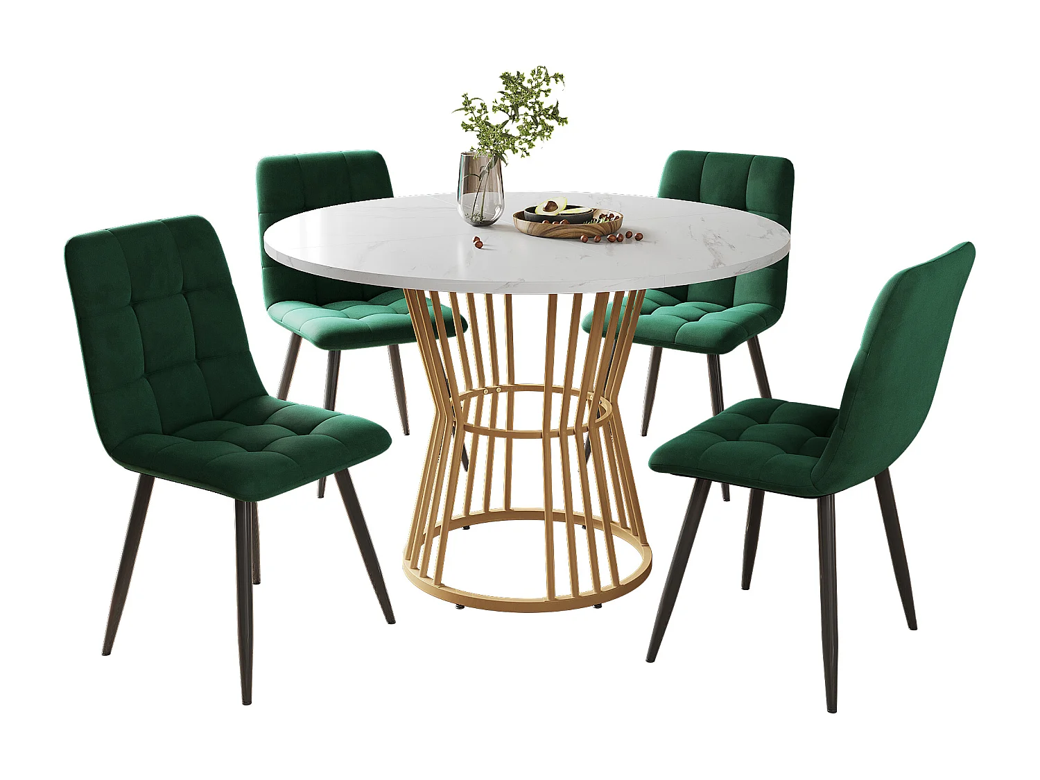 Conjunto de mesa de jantar redonda D 100 x A 75 cm + 4 cadeiras de veludo - Madeira MDF e metal - Verde + branco