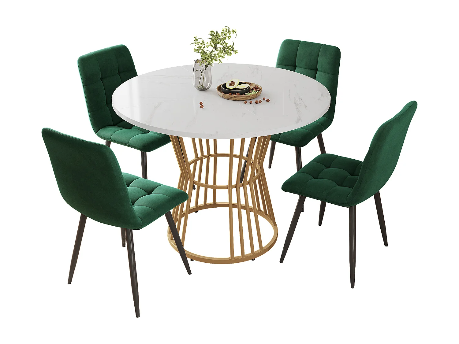 Conjunto de mesa de jantar redonda D 100 x A 75 cm + 4 cadeiras de veludo - Madeira MDF e metal - Verde + branco