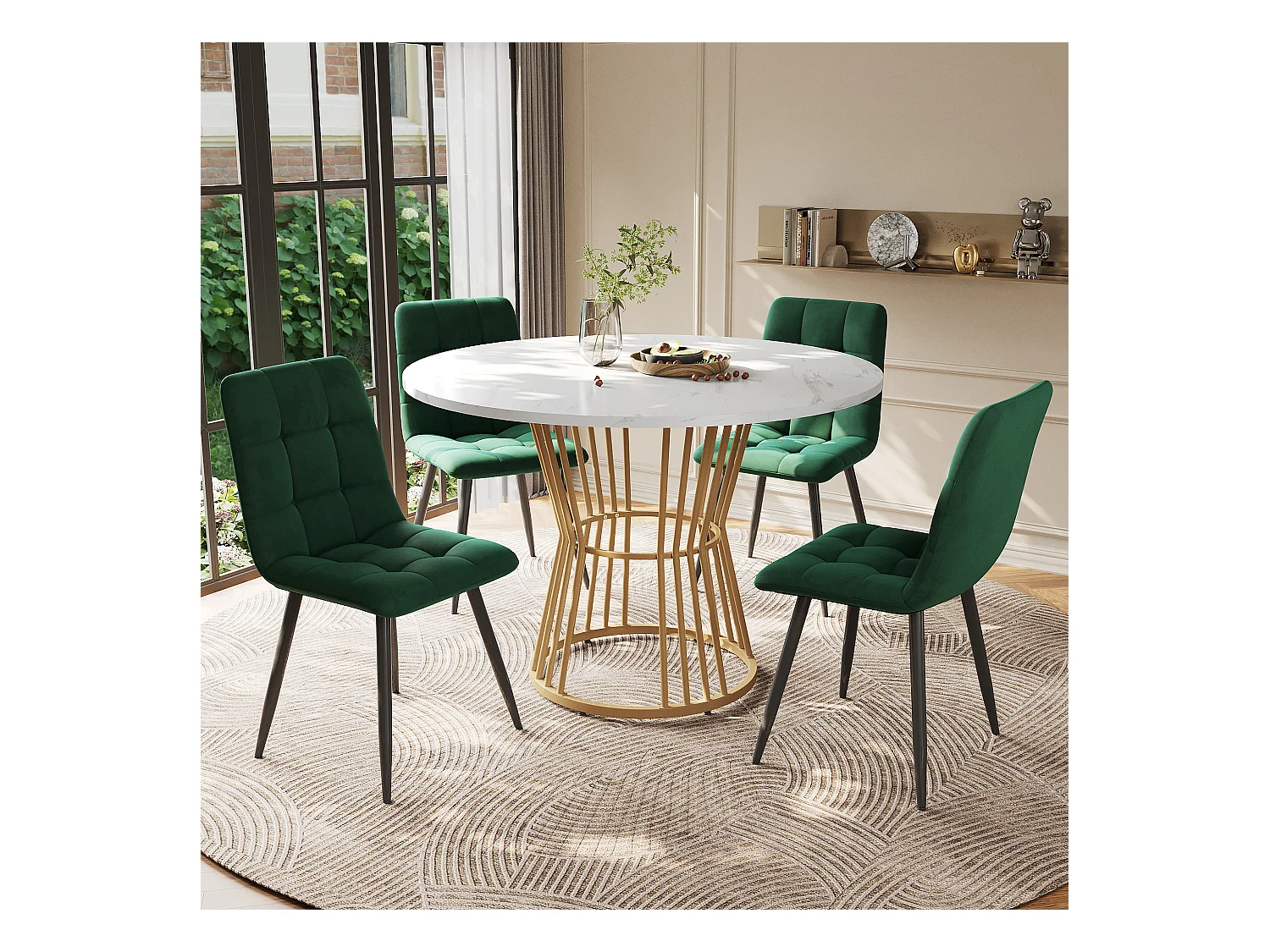 Rundes Esstischset D 100 x H 75 cm + 4 Samtstühle – MDF-Holz und Metall – Grün + Weiß