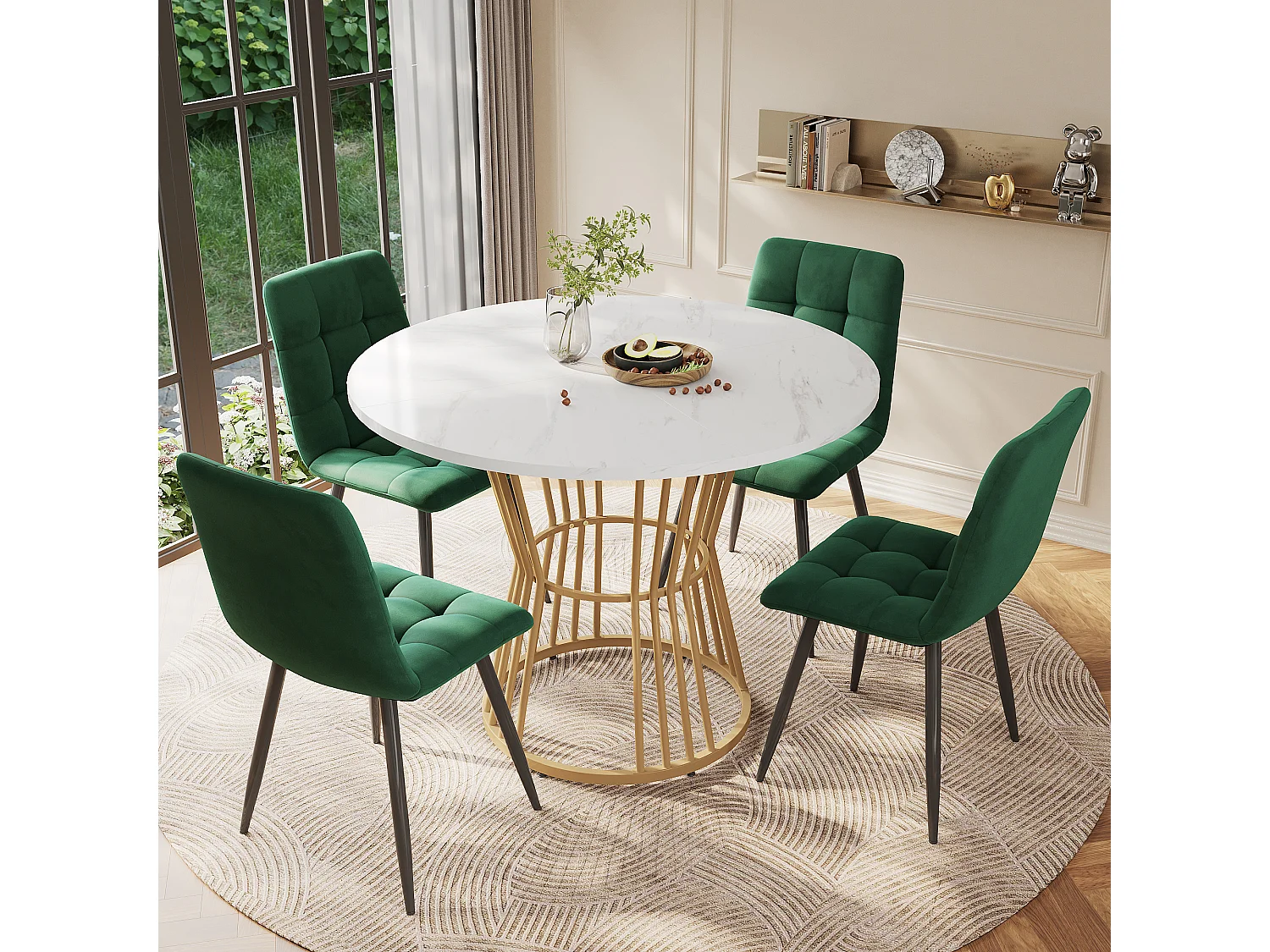 Rundes Esstischset D 100 x H 75 cm + 4 Samtstühle – MDF-Holz und Metall – Grün + Weiß