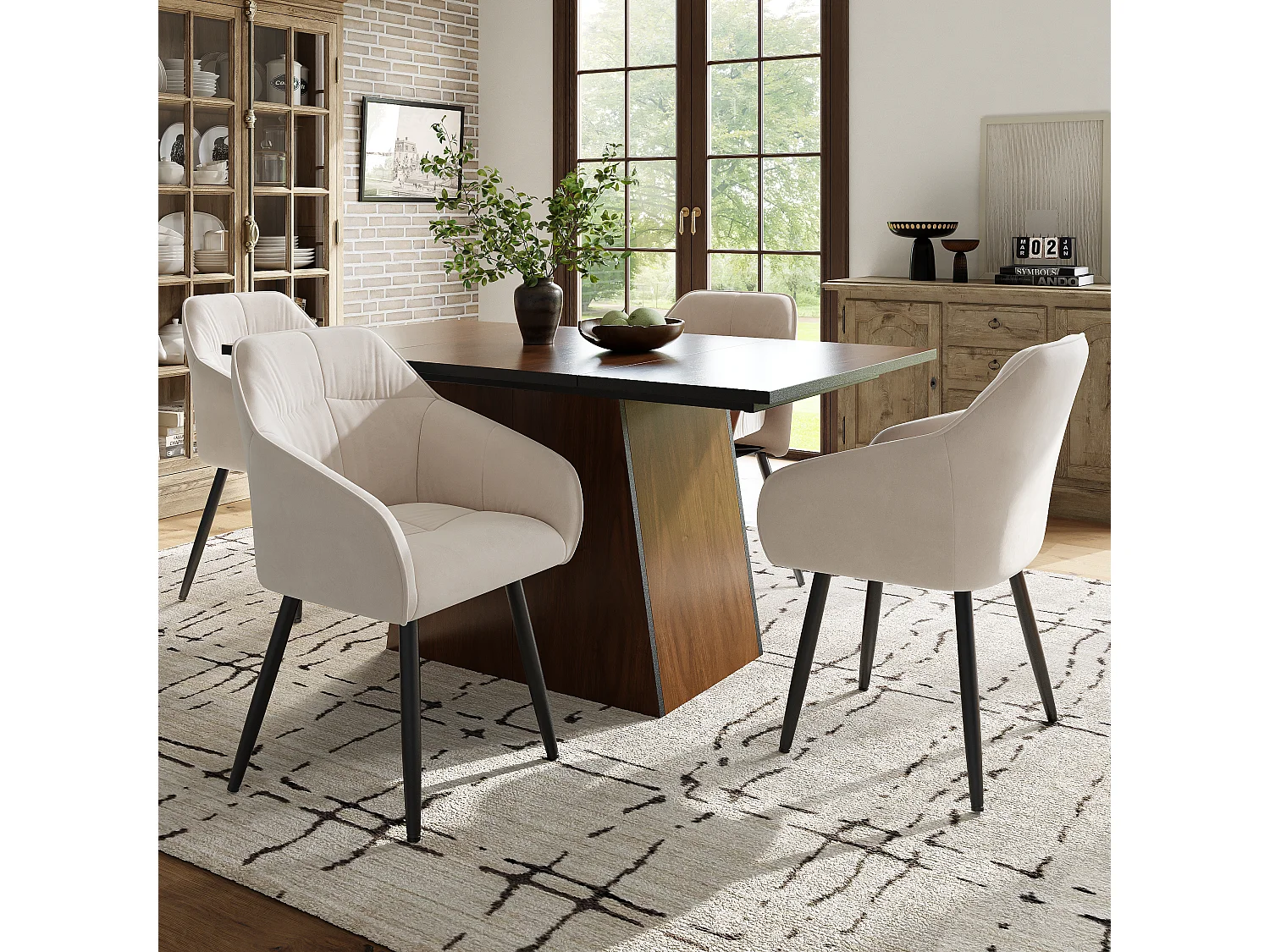 Set tavolo da pranzo rettangolare 138,5 x 80 x 75 cm + 4 sedie in velluto - Legno MDF - Beige + marrone scuro