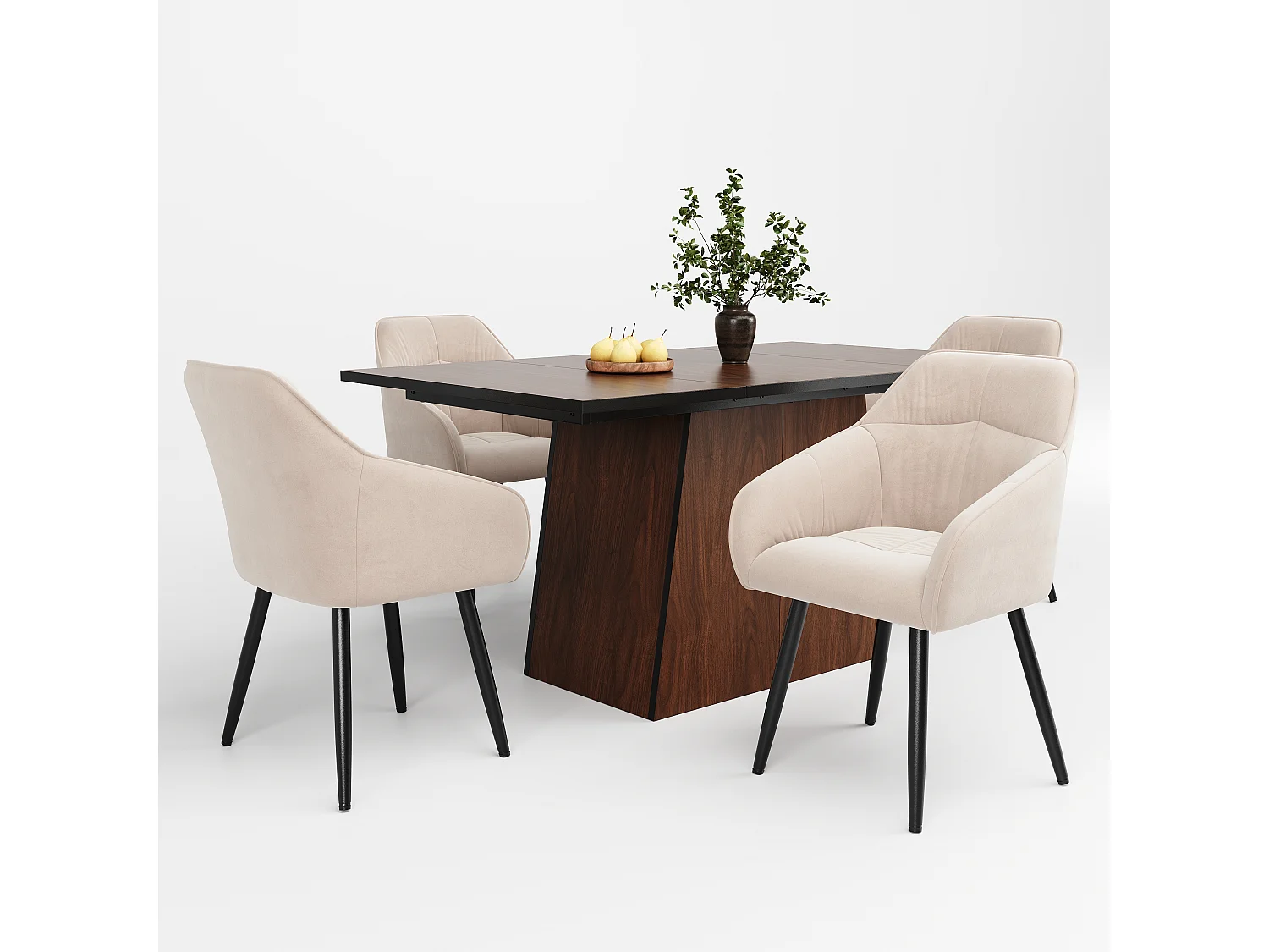 Set tavolo da pranzo rettangolare 138,5 x 80 x 75 cm + 4 sedie in velluto - Legno MDF - Beige + marrone scuro