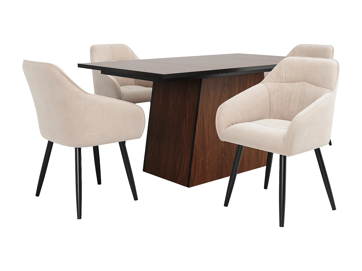 Set tavolo da pranzo rettangolare 138,5 x 80 x 75 cm + 4 sedie in velluto - Legno MDF - Beige + marrone scuro