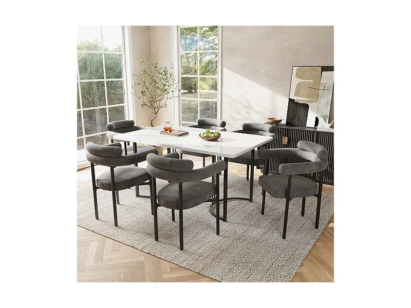 Esstisch + 6 Samtstühle im Set – 140 x 80 x 75 cm – MDF-Holz und Metall – Platte mit Marmoreffekt – Grau + Weiß
