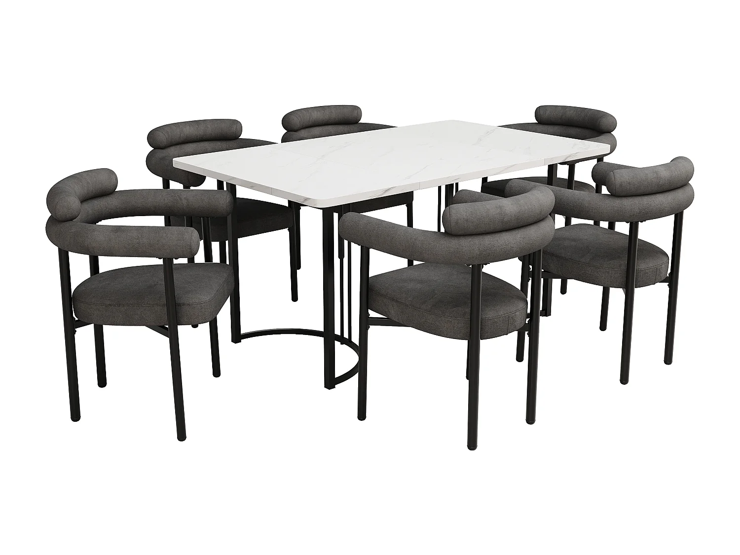 Esstisch + 6 Samtstühle im Set – 140 x 80 x 75 cm – MDF-Holz und Metall – Platte mit Marmoreffekt – Grau + Weiß