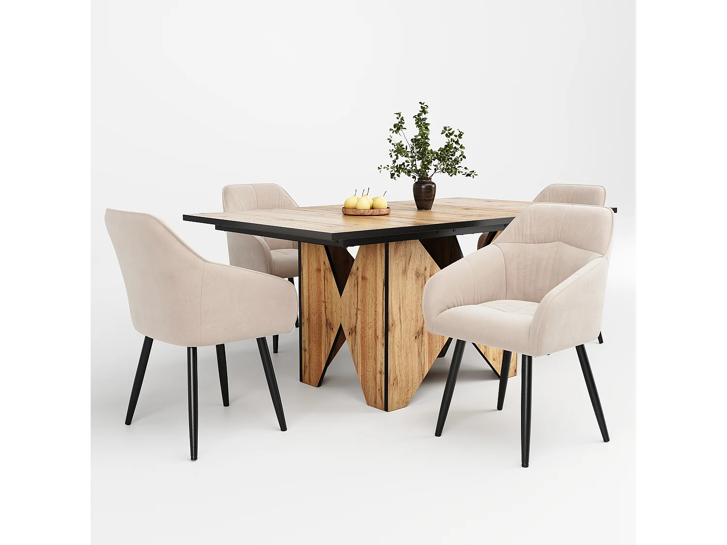 Conjunto de mesa de jantar 138,5 x 80 x 75 cm + 4 cadeiras de veludo - Madeira MDF - Bege + marrom claro