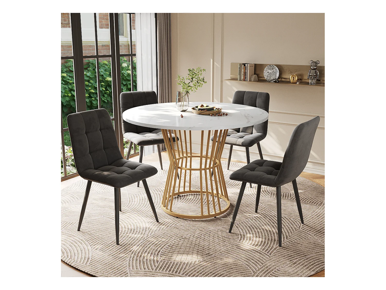 Ronde eettafelset D 100 x H 75 cm + 4 fluwelen stoelen - MDF hout en metaal - Grijs + wit