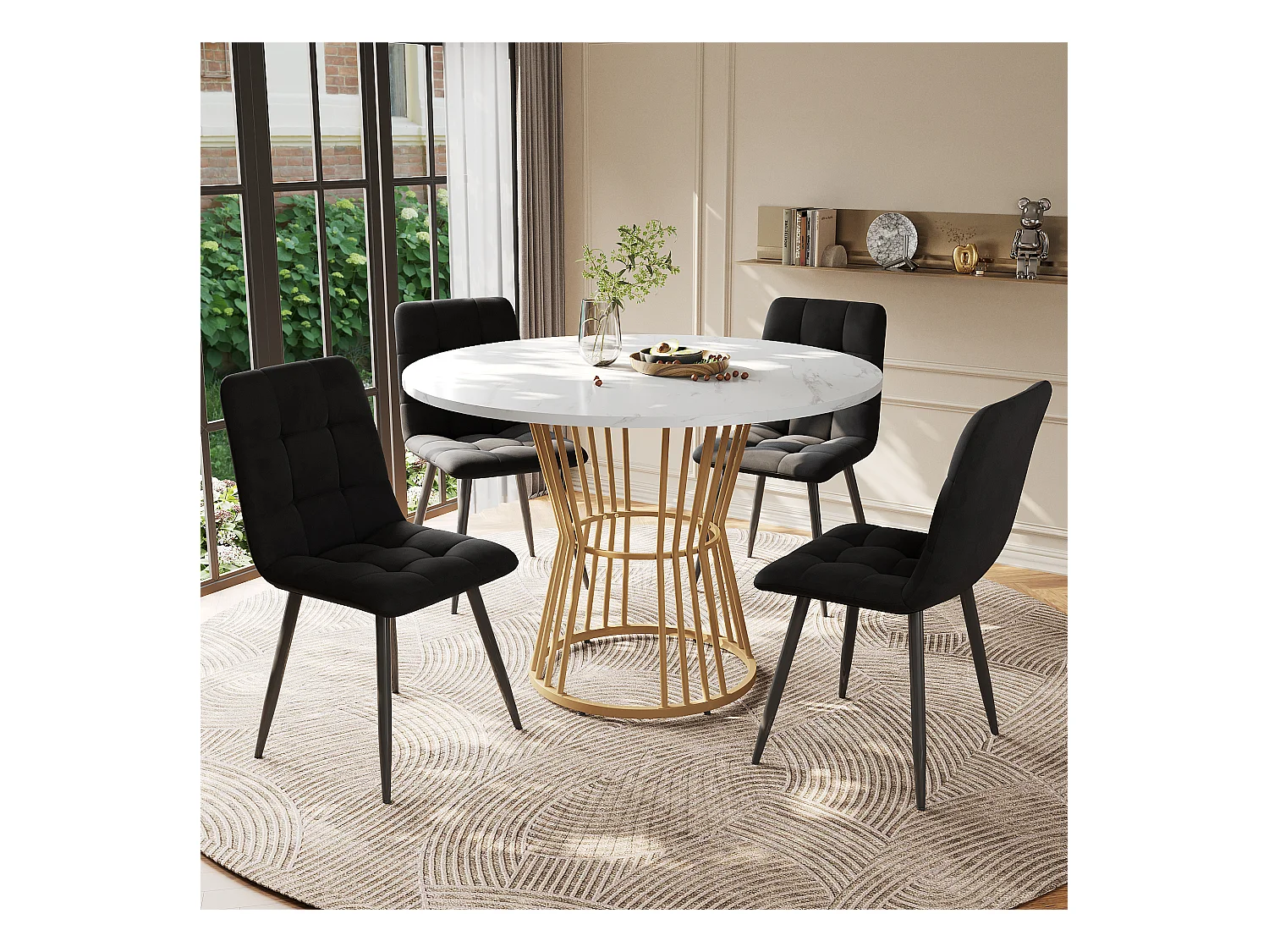 Ensemble table à manger ronde D 100 x H 75 cm + 4 chaises en velours - Bois MDF et métal - Noir + blanc