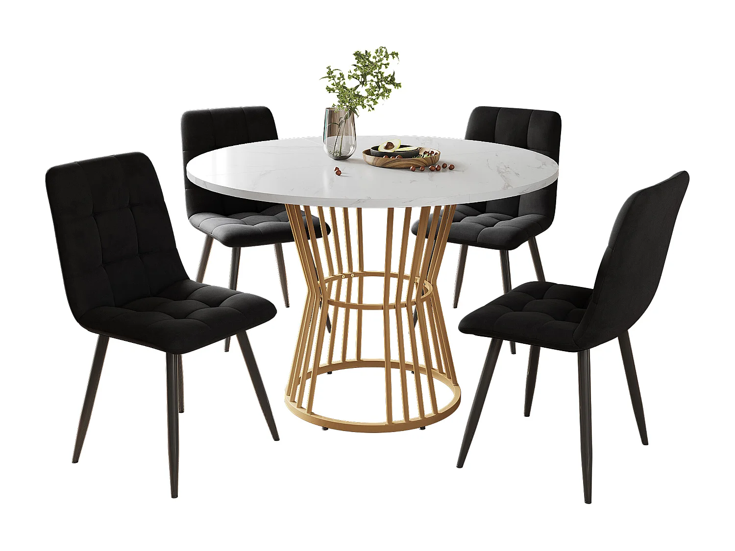 Ensemble table à manger ronde D 100 x H 75 cm + 4 chaises en velours - Bois MDF et métal - Noir + blanc