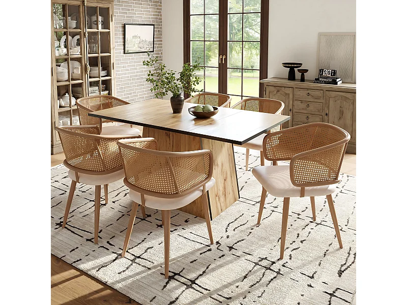 Ensemble table à manger + 6 chaises en rotin - 138.5 x 80 x 75 cm - Bois MDF et coussins en cuir pu - Beige + marron