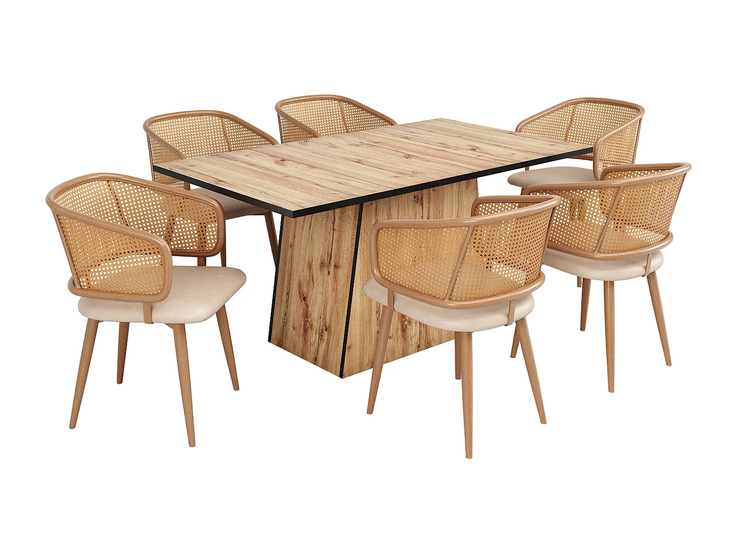 Ensemble table à manger + 6 chaises en rotin - 138.5 x 80 x 75 cm - Bois MDF et coussins en cuir pu - Beige + marron
