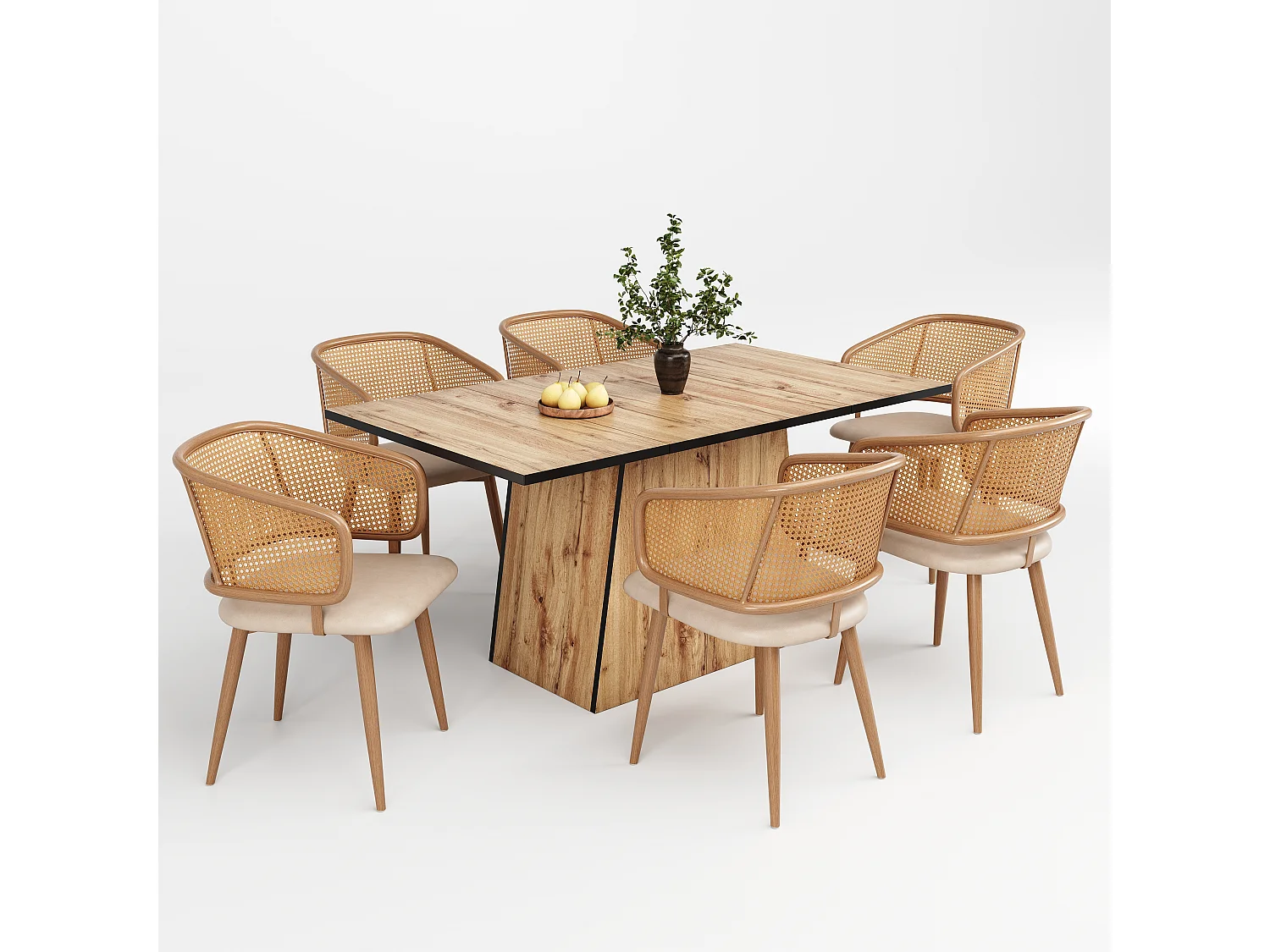 Ensemble table à manger + 6 chaises en rotin - 138.5 x 80 x 75 cm - Bois MDF et coussins en cuir pu - Beige + marron