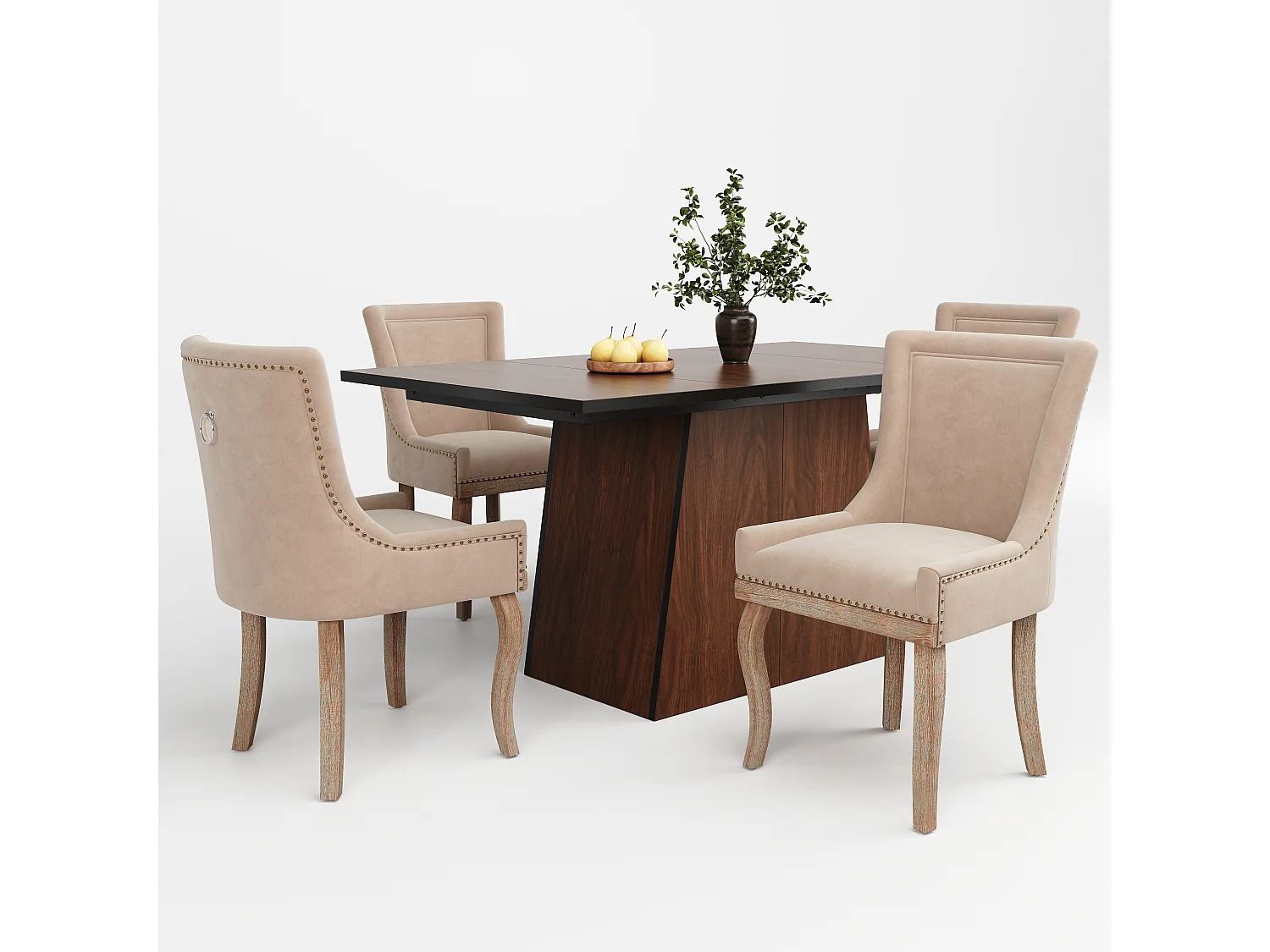 Ensemble table à manger 138.5 x 80 x 75 cm + 4 chaises en velours - Bois MDF - Beige + marron foncé