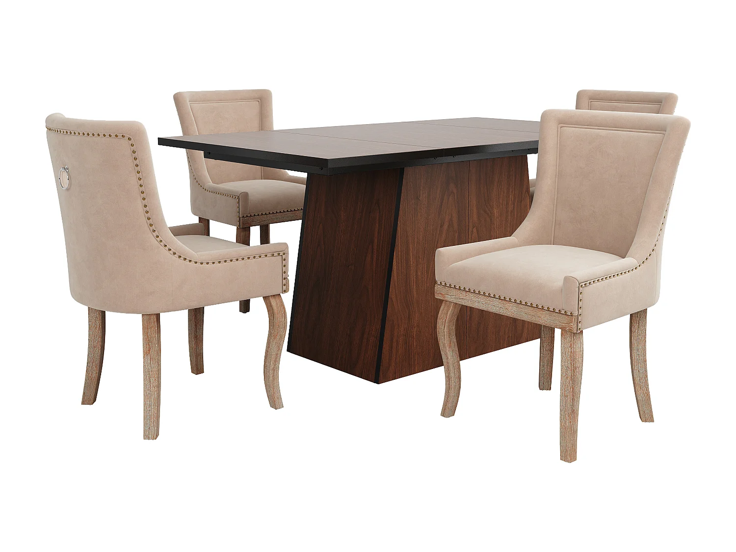 Ensemble table à manger 138.5 x 80 x 75 cm + 4 chaises en velours - Bois MDF - Beige + marron foncé