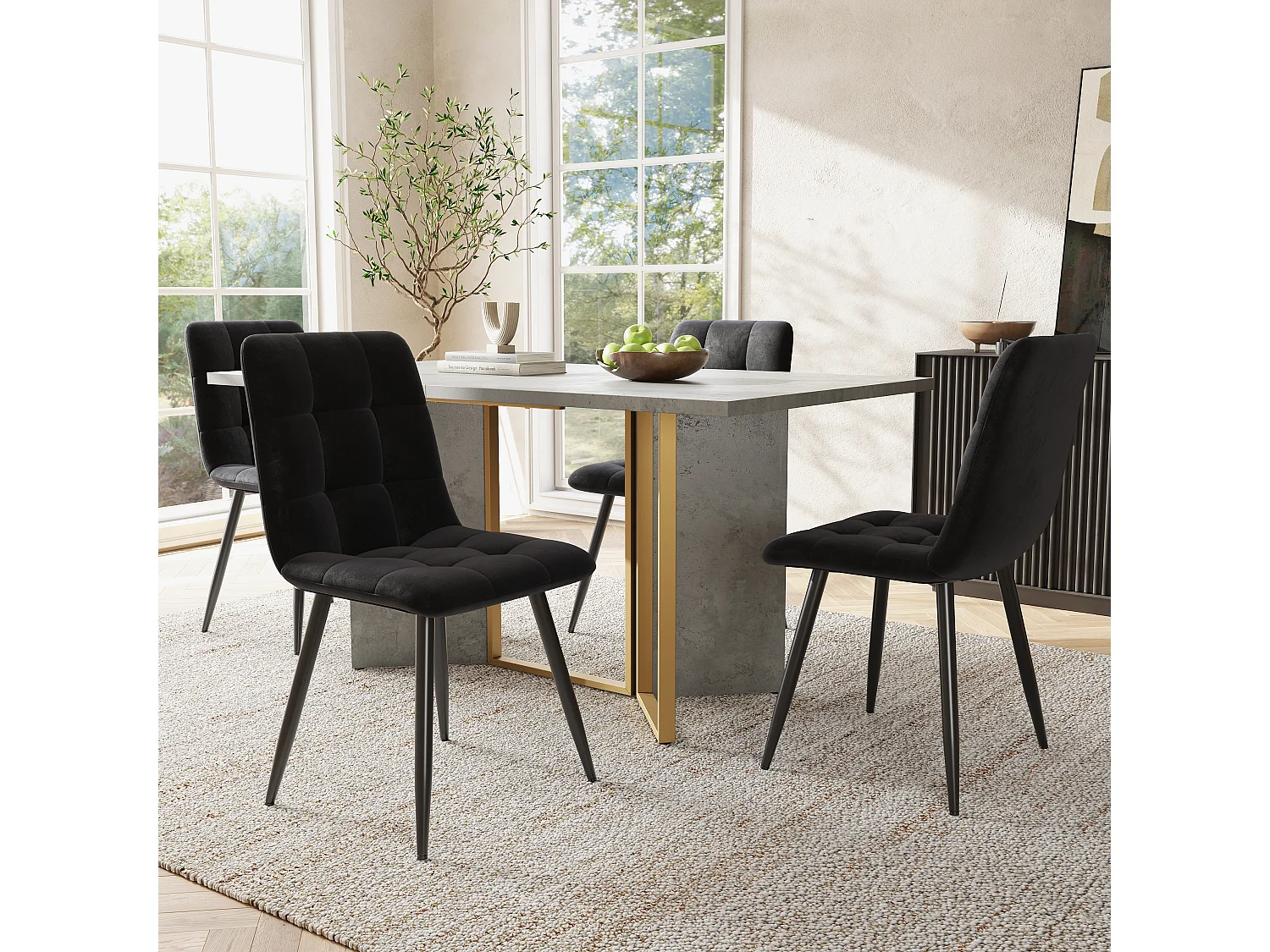 Eettafelset 119 x 70 x 75 cm + 4 fluwelen stoelen - MDF hout en metaal - Zwart + grijs