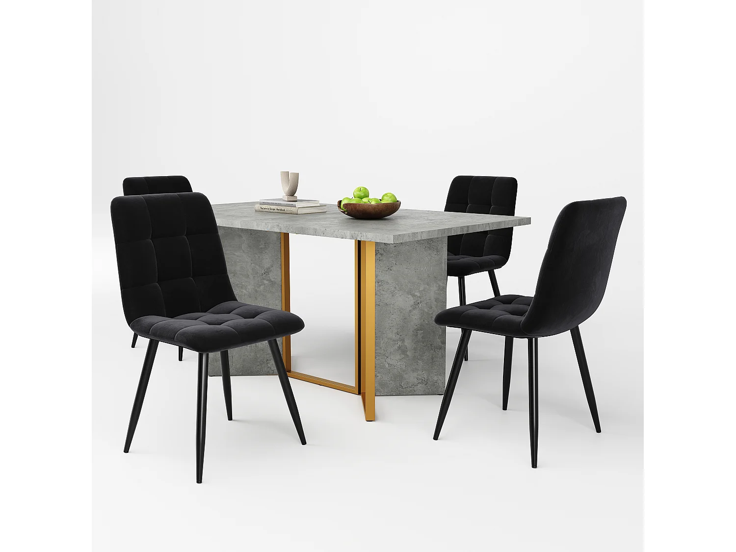 Eettafelset 119 x 70 x 75 cm + 4 fluwelen stoelen - MDF hout en metaal - Zwart + grijs