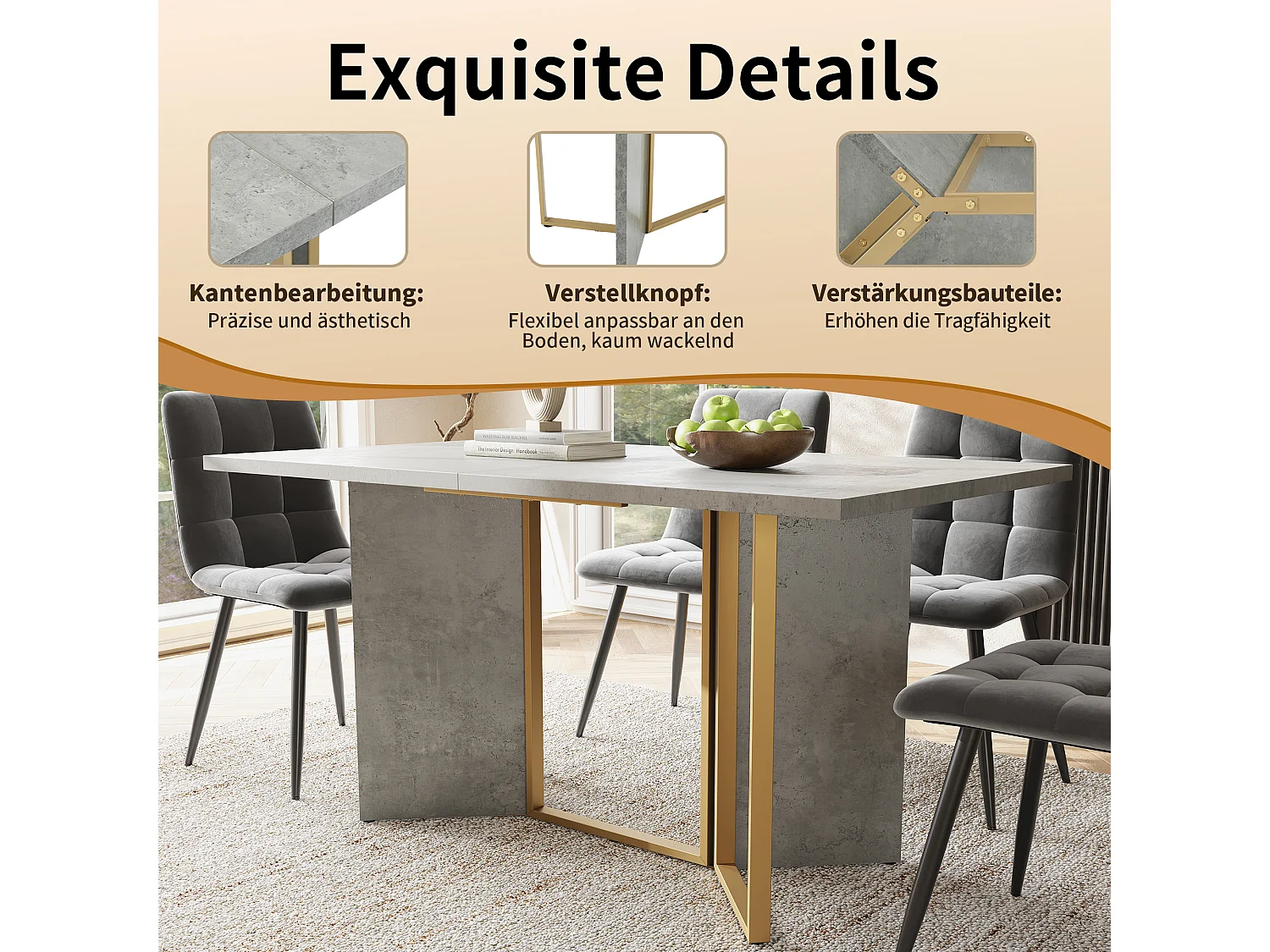 Eettafelset 119 x 70 x 75 cm + 4 fluwelen stoelen - MDF hout en metaal - Zwart + grijs