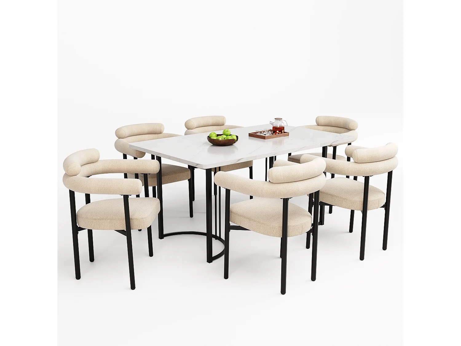 Mesa de jantar + conjunto 6 cadeiras de veludo - 140 x 80 x 75 cm - Madeira MDF e metal - Tampo efeito mármore - Bege + branco
