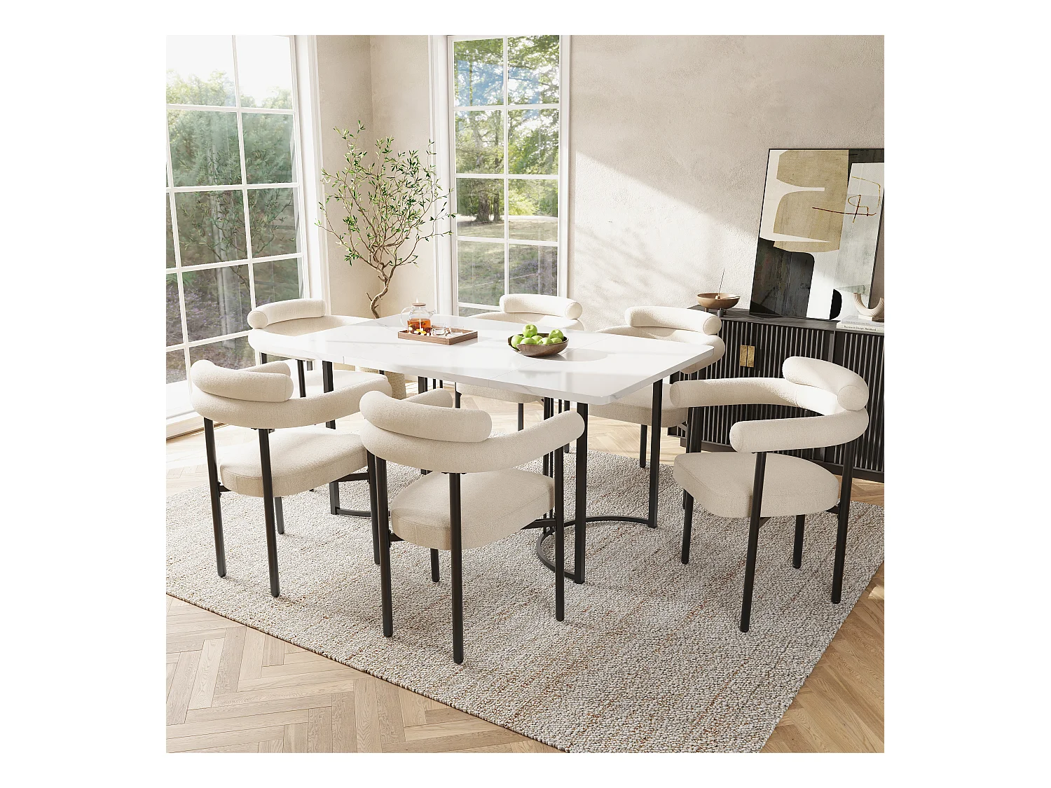 Esstisch + 6 Samtstühle im Set – 140 x 80 x 75 cm – MDF-Holz und Metall – Platte mit Marmoreffekt – Beige + Weiß
