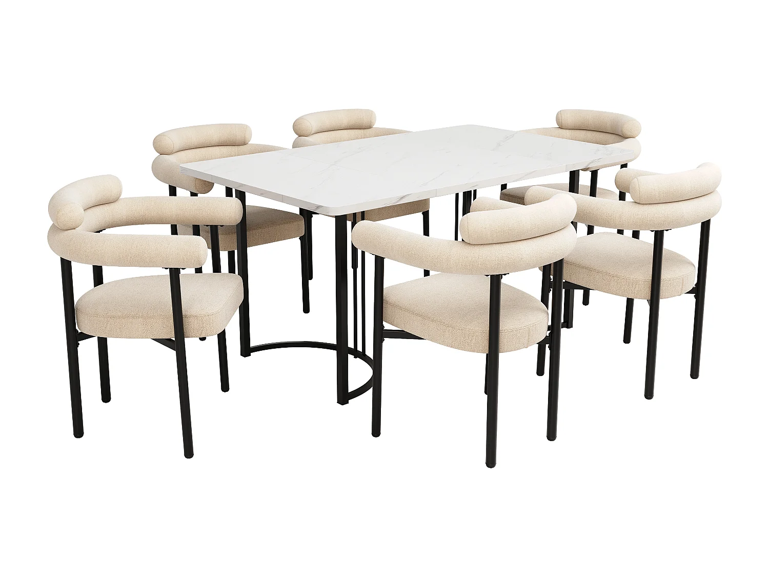 Ensemble table à manger + 6 chaises en velours - 140 x 80 x 75 cm - Bois MDF et métal - Plateau en effet marbre - Beige + blanc